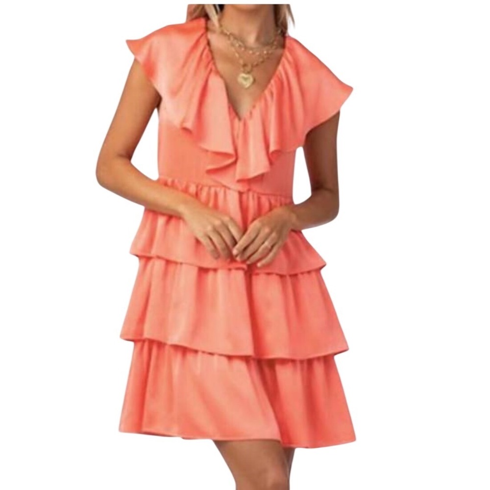 R2 Crosby Mollie Burch Coral Tiered Ruffle Dress V Neck‎ Flutter Sleeve Size L
